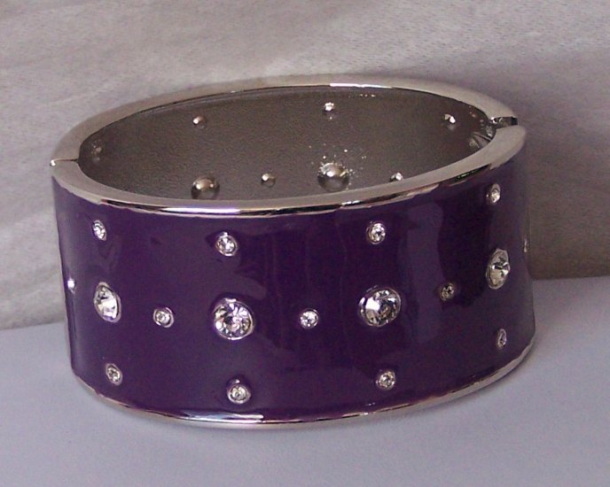Purple Clear Crystal Wide Metal Hinge Bangle Bracelet