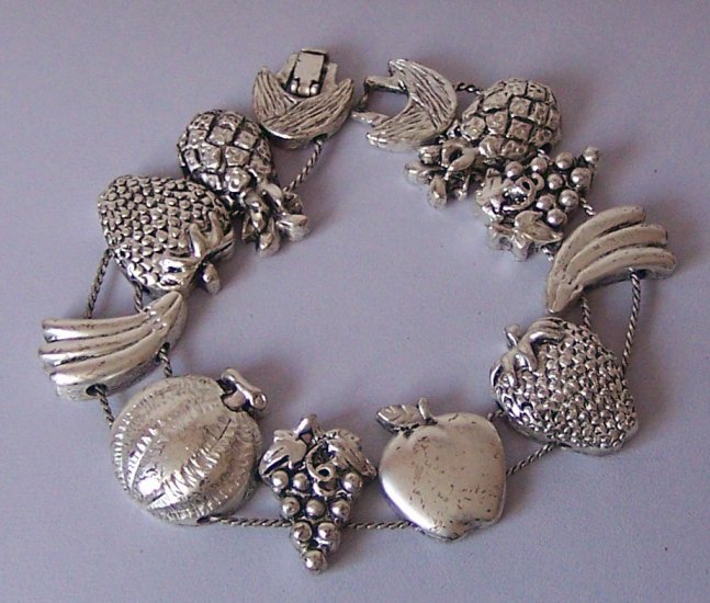 Fruit Vegetables Banana Grapes Apple Pearl Pineapple Antique Look Silver Tone Bracelet