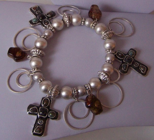 Religious Christian Black & Brown Cross Charm Bracelet