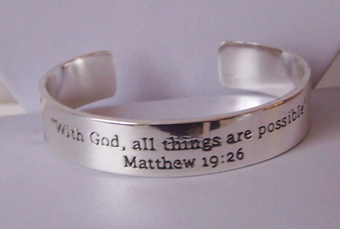 Religious Christian Silver Matthew 19:26 All Things Are Possible Bangle Bracelet