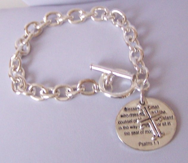 Religious Christian Psalms 1:1 Cross Charm Bracelet