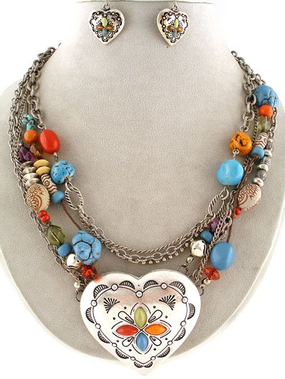 Western Cowgirl Heart Love Valentines Day Multicolor Necklace Set