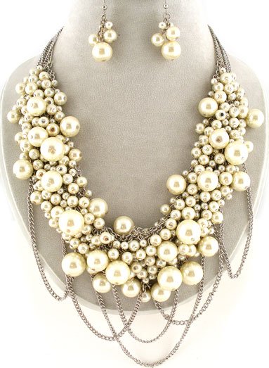 Ivory Off White Pearl Silver Tone Necklace Set