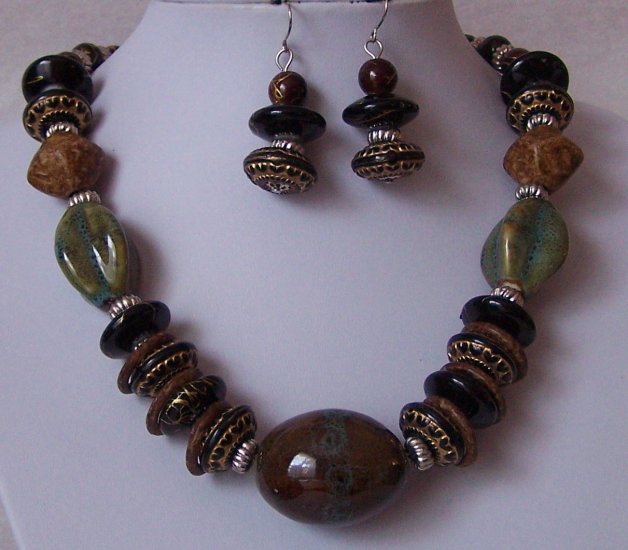 Brown Black Blue Mixed Bead Necklace Set