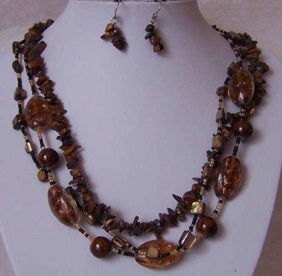 Brown Glass Mixed Natural Turquoise Tigers Eye Ceramic Seed Bead Necklace Set