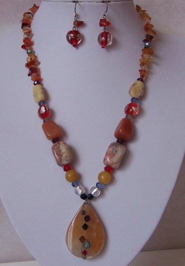 Tan Brown Black Blue White Red Natural Stone Semi Precious Semiprecious Necklace Set