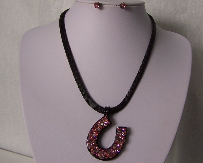 Western Black Pink Chunky Crystal Horseshoe Horse Shoe Necklace Set