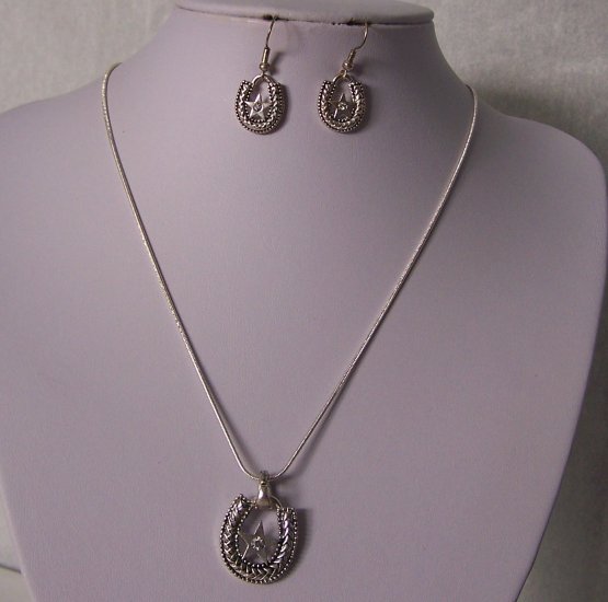 Western Texas Crystal Lonestar Star Rodeo Horseshoe Horse Shoe Necklace Set