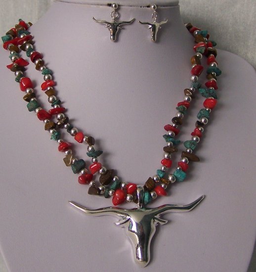 Brown Red Blue Longhorn Bull Steer Western Turquoise Stone Semiprecious Semi Precious Necklace Set