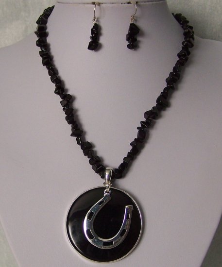 Black Horse Horseshoe Shoe Western Turquoise Stone Semiprecious Semi Precious Necklace Set