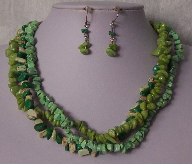 Mix Green Triple Strand Turquoise Semiprecious Semi Precious Western Necklace Set