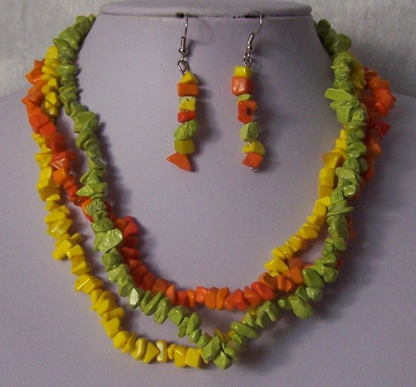 Green Orange Yellow Triple Strand Turquoise Semiprecious Semi Precious Western Necklace Set