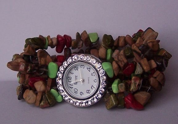 Brown Green Red Multicolor Cowgirl Western Semiprecious Semi Precious Turquoise Watch