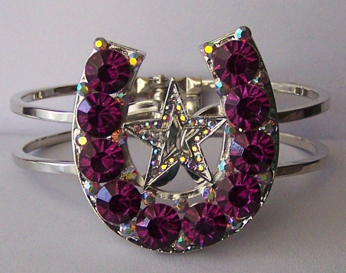 Purple Crystal AB Aurora Borealis Texas Lonestar Star Rodeo Horseshoe Horse Shoe Bangle Bracelet