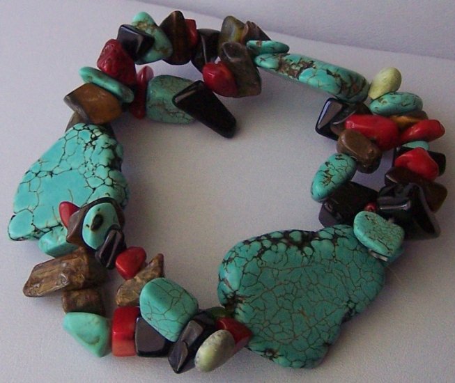 Western Black Blue Brown Red Turquoise Semiprecious Semi Precious Four Strand Bracelet