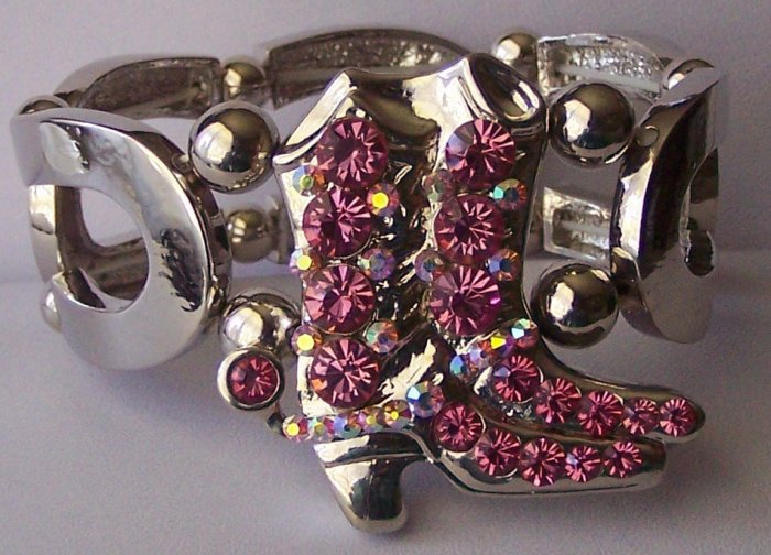 Pink Crystal AB Aurora Borealis Horseshoe Horse Shoe Western Boot Boots Bangle Bracelet