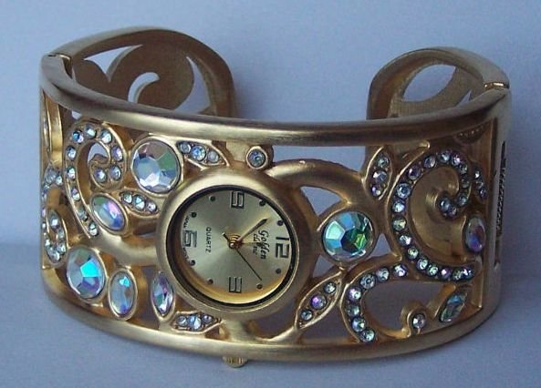 AB Aurora Borealis Gold Tone Bangle Bracelet Watch