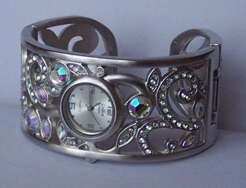 AB Aurora Borealis Silver Tone Bangle Bracelet Watch