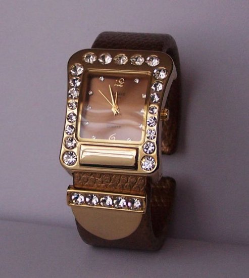 Brown Clear Crystal Cuff Bangle Bracelet Watch