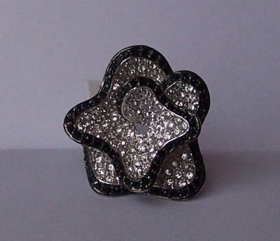 Clear Crystal Black Flower Cocktail Ring Size 8