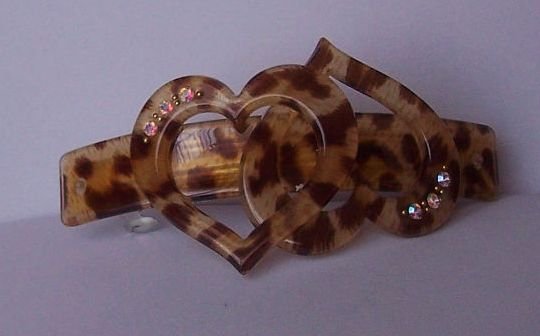 AB Aurora Borealis Crystal Heart Love Brown Animal Print Hair Barette