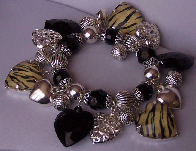 Black White Off White Heart Love Zebra Animal Print Charm Bracelet