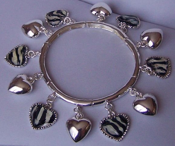 White Black Animal Print Heart Valentines Day Charm Bracelet
