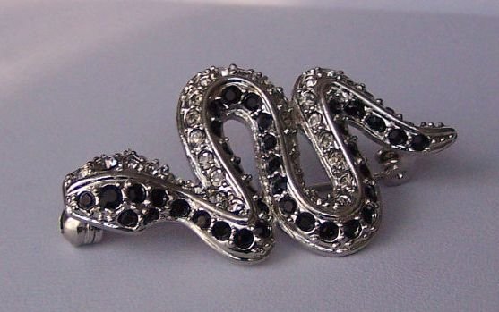 Black Clear Austrian Crystal Snake Reptile Animal Print Brooch Pin