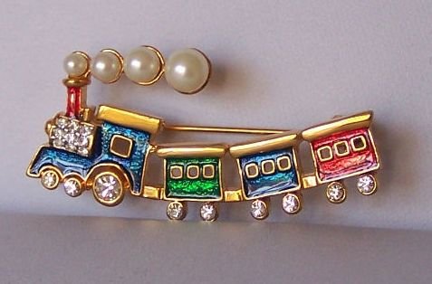 Clear Austrian Crystal Choo Choo Train Red Blue Green Pearl Brooch Pin