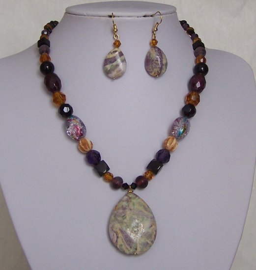 Purple Black Green Brown Beige Off White Glass Semi Precious Semiprecious Necklace Set