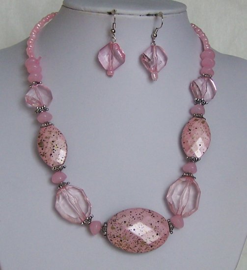 Pink Faceted Lucite Seed Bead Necklace Set
