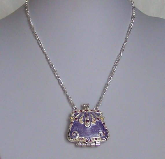 Off White Pearl Purple Handbag Purse Austrian Crystal Purse Locket Necklace