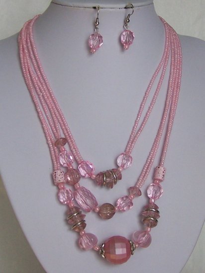 Pink Multistrand Faceted Lucite Seed Bead Necklace Set