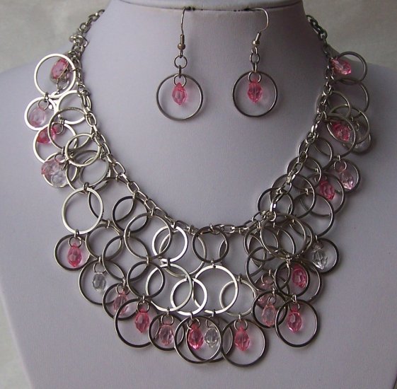 Pink Clear Layered Circle Cascading Silver Tone Necklace SEt