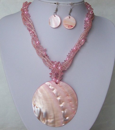 Pink Natural Shell Seed Bead Pearl Multistrand Necklace Set
