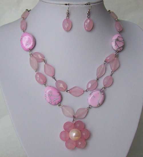 Pink Flower Off White Beige Pearl Silver Patina Necklace Set