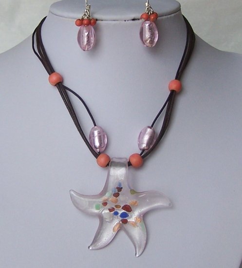 Pink Murano Glass Starfish Star Fish Brown Multistrand Necklace Set