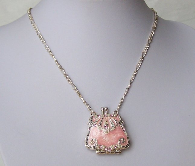 Pink Off White Pearl Austrian Crystal Purse Locket Necklace