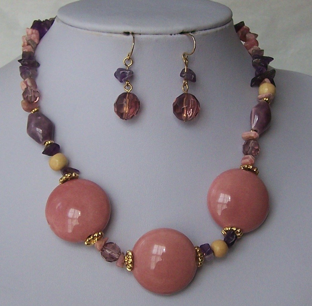 Purple Pink Tan Glass Ceramic Natural Stone Nugget Mixed Bead Necklace Set