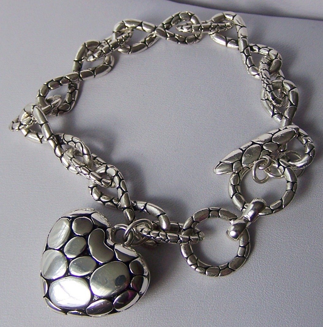 3D Pebblestone Style Heart Love Valentines Day Charm Bracelet