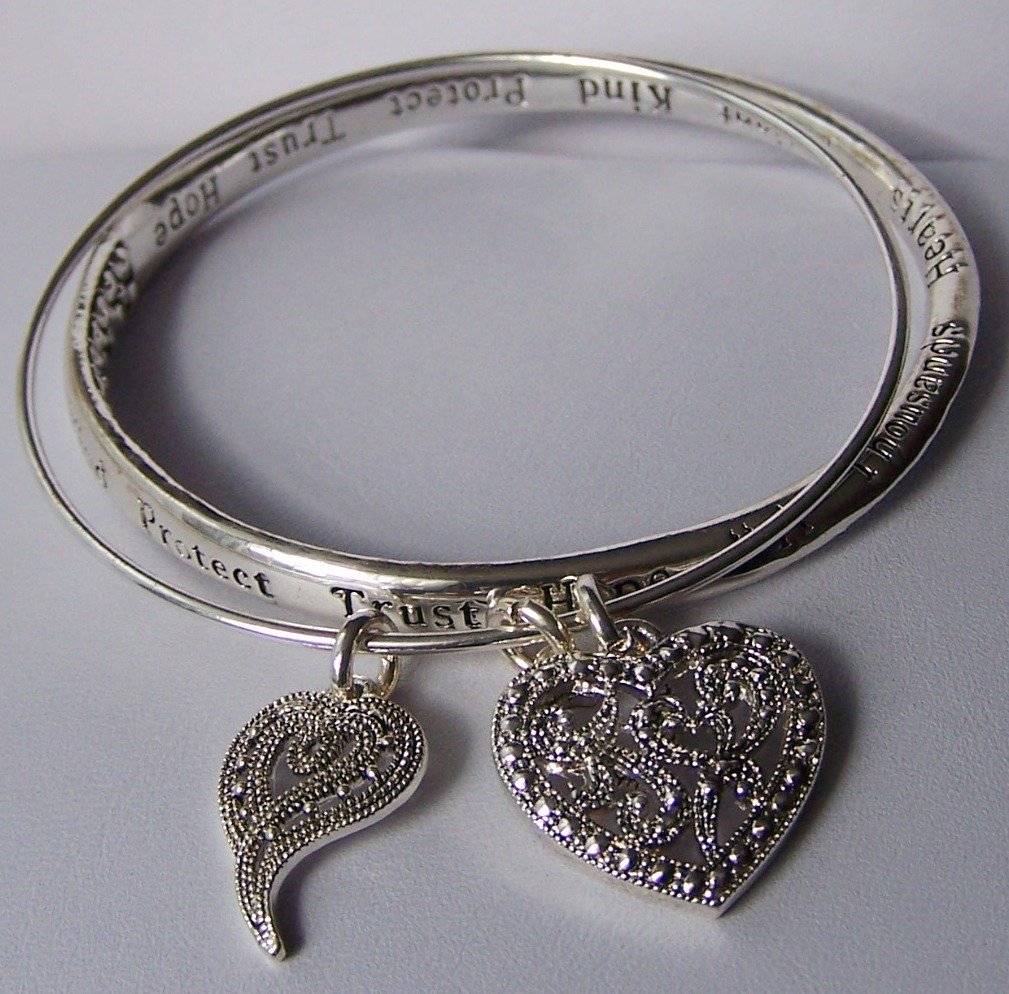 Trust Protect Hope Kind Bangle Heart Love Valentines Day Charm Bracelet