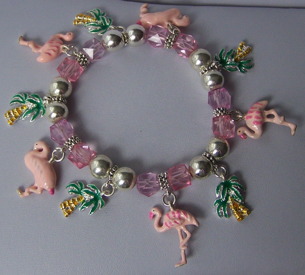Pink Flamingo Palm Tree Bird Bead Charm Bracelet