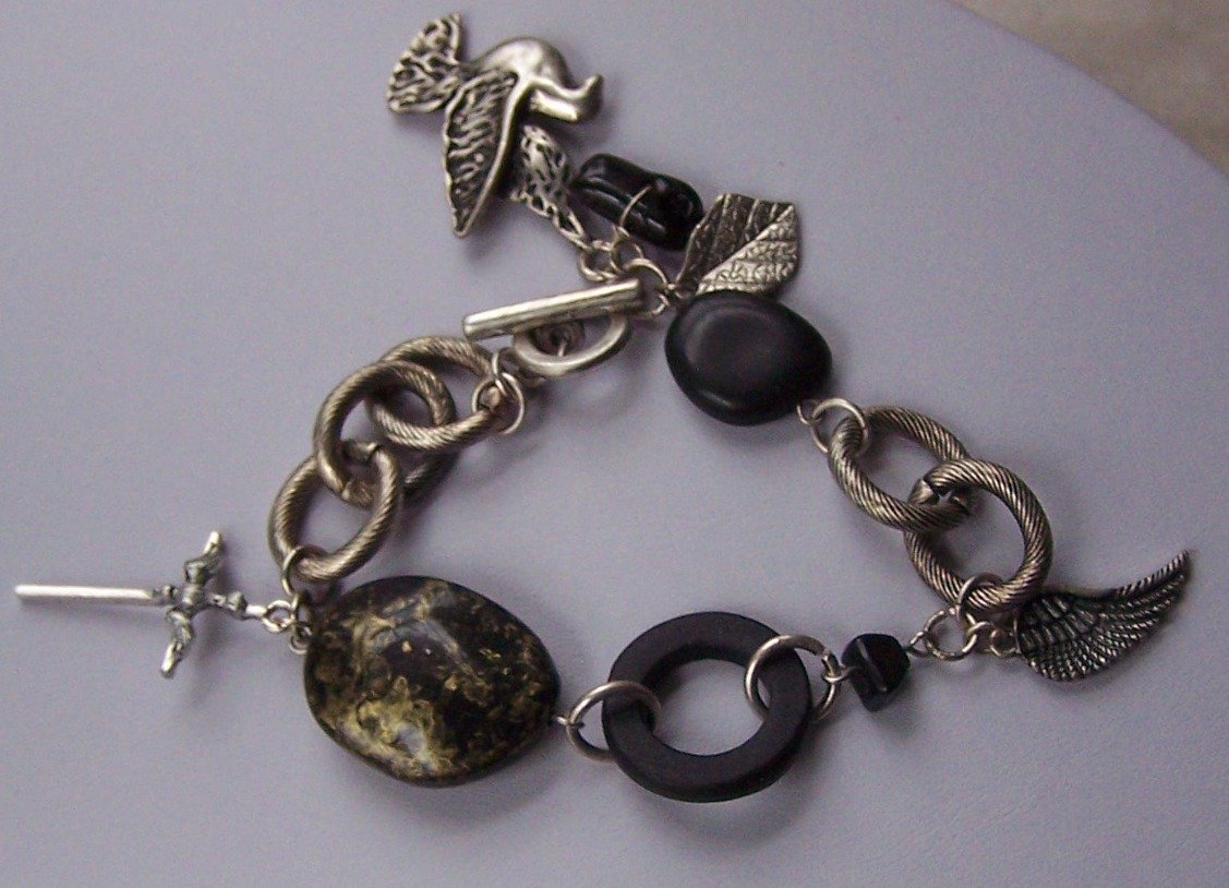 Silver Tone Cross Bird Angel Wing Charm Bracelet