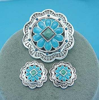 Blue Green Southwestern South Western Cowgirl Rodeo Concho Brooch Necklace Pendant Set