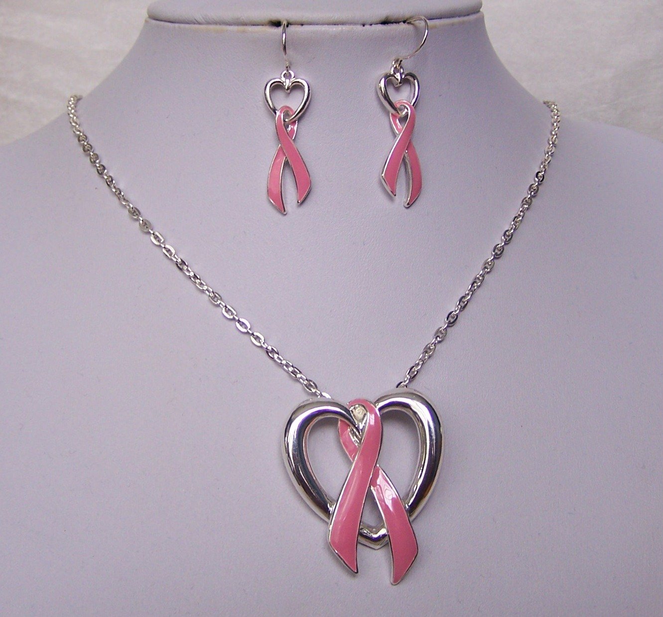 Pink Ribbon Breast Cancer Awareness Necklace Set