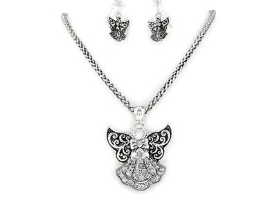 SILVER TONE GUARDIAN ANGEL CRYSTAL NECKLACE SET