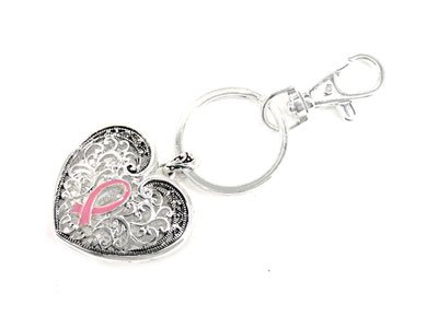 Pink Ribbon Breast Cancer Awareness Filigree Key Keychain