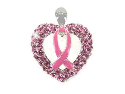 Crystal Heart Hot Pink Ribbon Breast Cancer Awareness Necklace Pendant