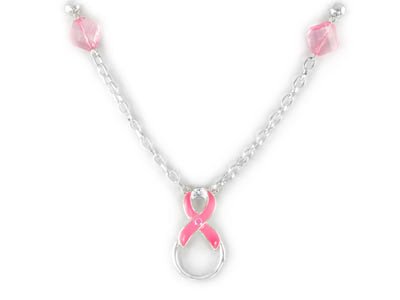 Pink Ribbon Eye Glass Badge ID Holder Silver Tone Necklace