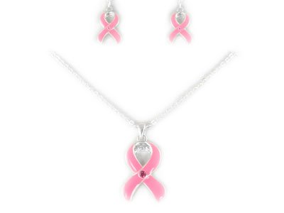 Pink Ribbon Breast Cancer Awareness Heart Silver Tone Necklace Set